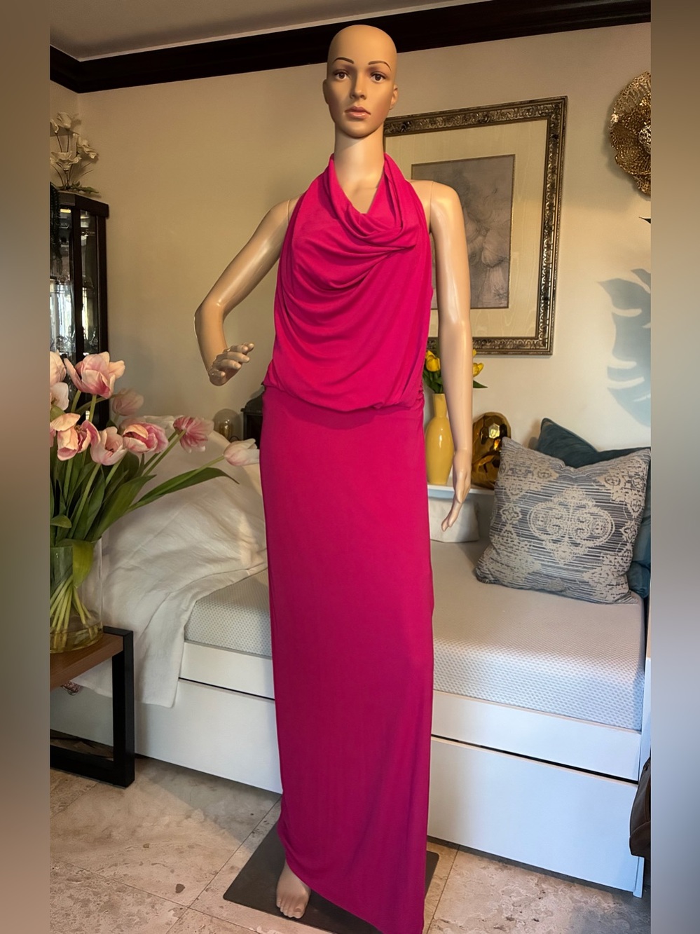 Zara Fuchsia Draped Halter Maxi Dress